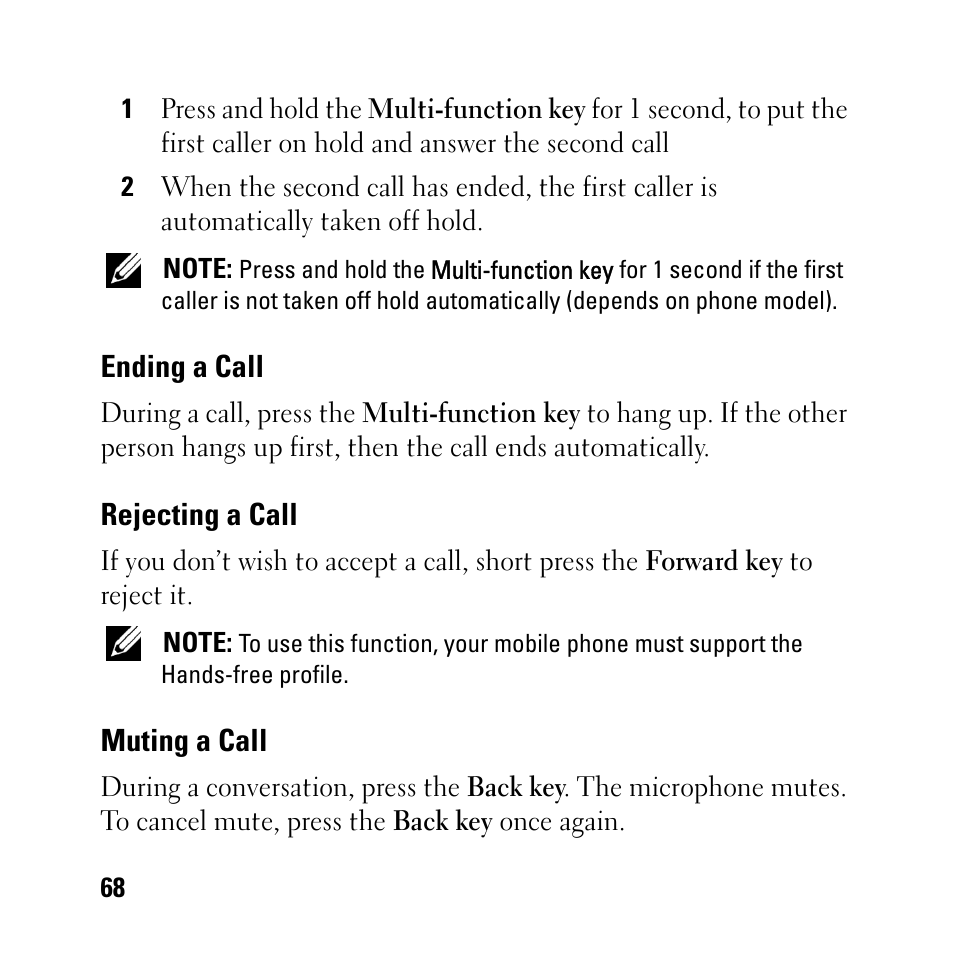Ending a call, Rejecting a call, Muting a call | Dell BH200 Bluetooth 2.0 EDR Stereo Headset User Manual | Page 68 / 93