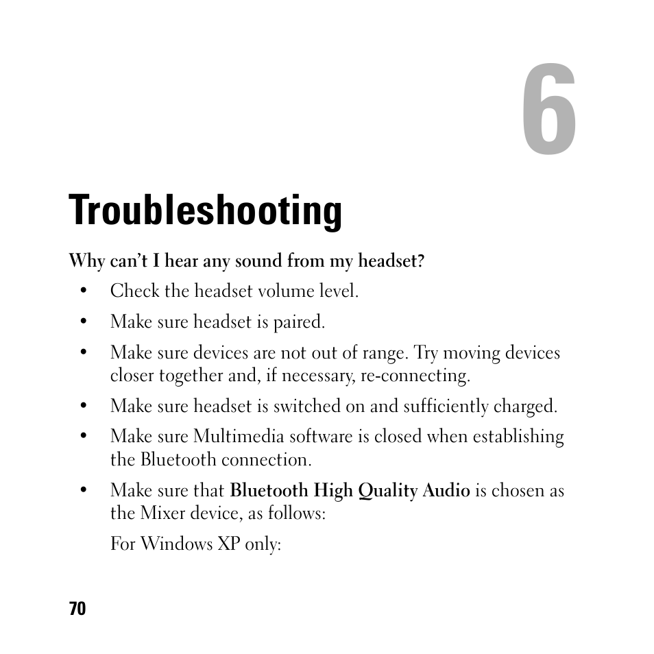 Troubleshooting, 6 troubleshooting | Dell BH200 Bluetooth 2.0 EDR Stereo Headset User Manual | Page 70 / 93