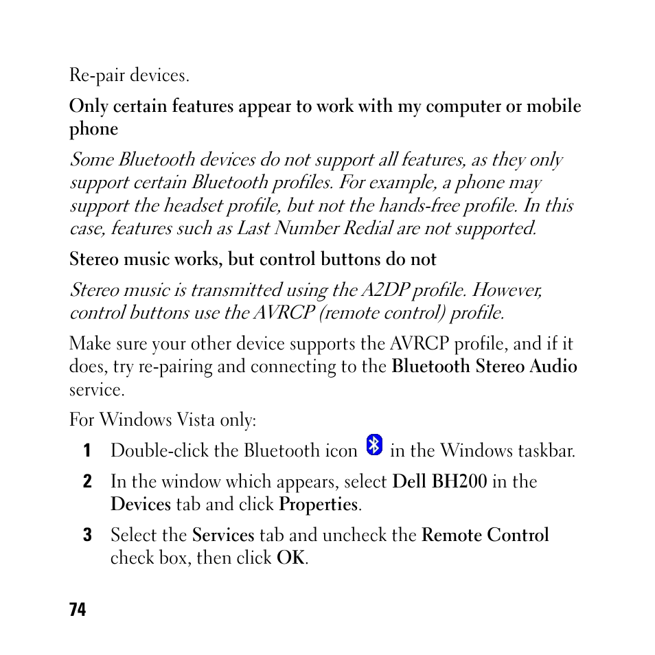 Dell BH200 Bluetooth 2.0 EDR Stereo Headset User Manual | Page 74 / 93