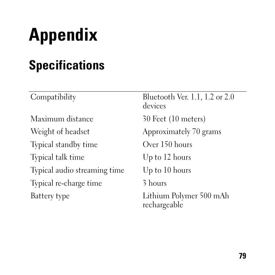 Appendix, Specifications, A appendix | Dell BH200 Bluetooth 2.0 EDR Stereo Headset User Manual | Page 79 / 93