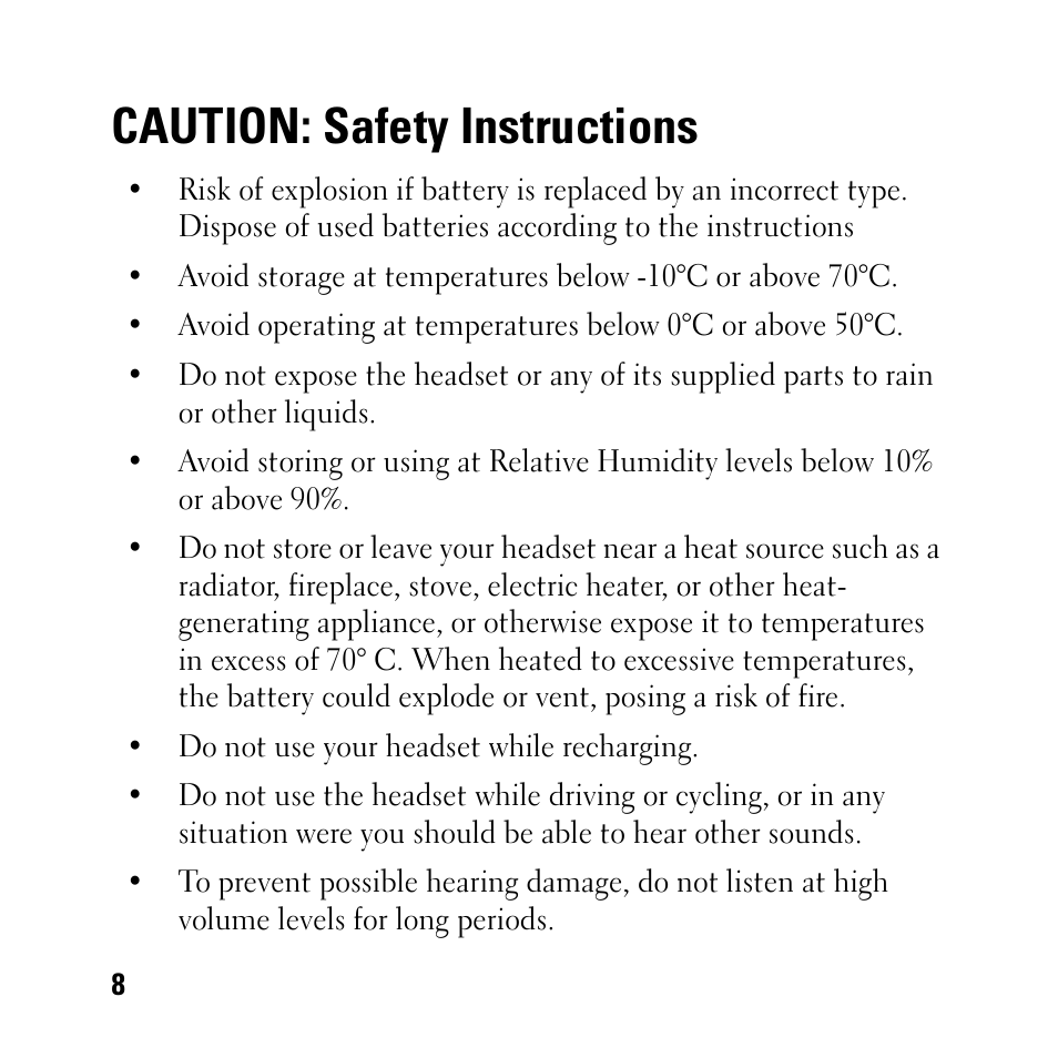 Caution: safety instructions | Dell BH200 Bluetooth 2.0 EDR Stereo Headset User Manual | Page 8 / 93