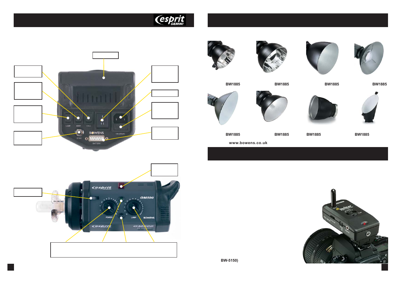 Rear control panel, Side control panel, Control panel guide | Accessories, Pulsar radio trigger system | Bowens Esprit Gemini Bwl-0353 User Manual | Page 4 / 6