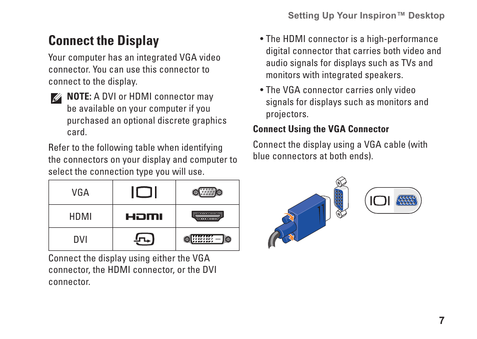 Connect the display | Dell Inspiron 545s (Early 2009) User Manual | Page 9 / 66