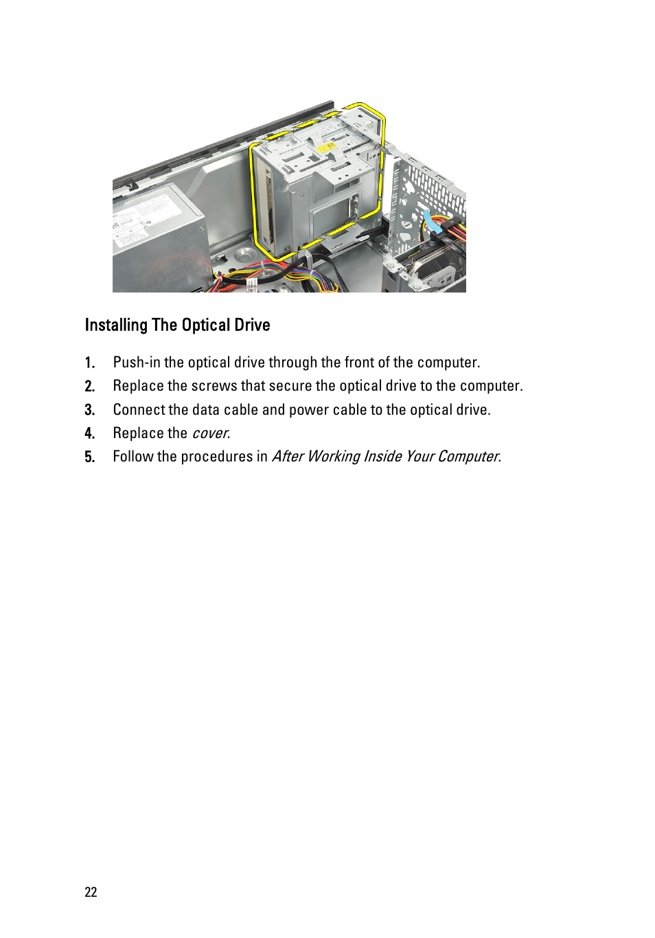 Installing the optical drive | Dell Vostro 260s (Mid 2011) User Manual | Page 22 / 68