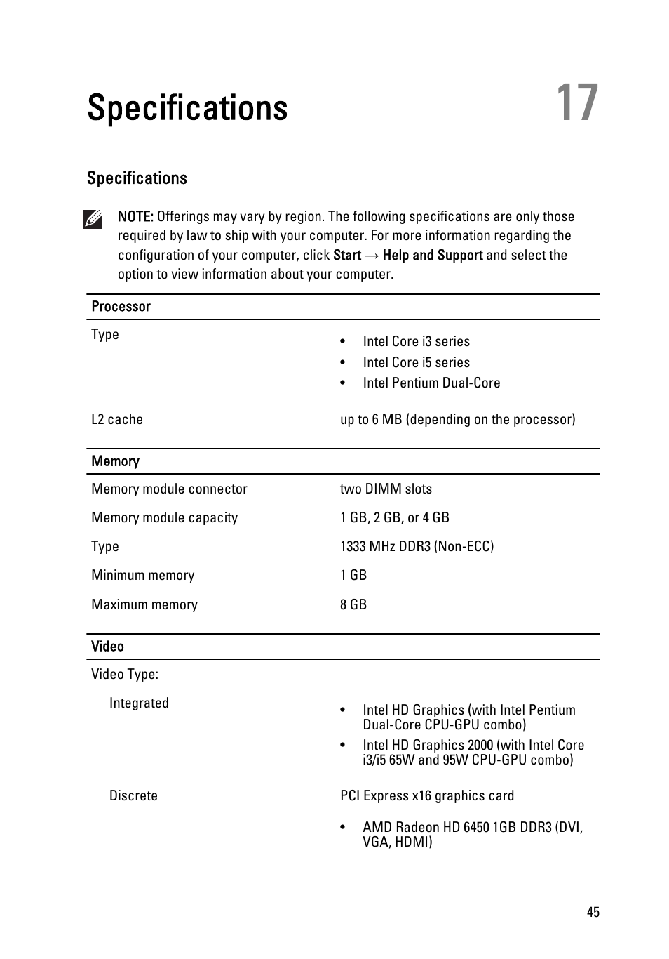 Specifications, 17 specifications | Dell Vostro 260s (Mid 2011) User Manual | Page 45 / 68