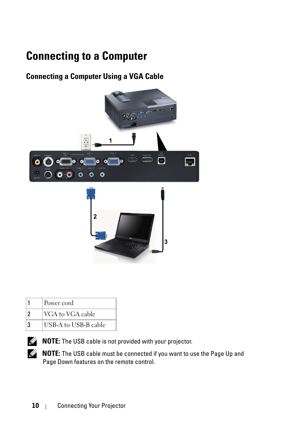 Connecting to a computer, Connecting a computer using a vga cable | Dell 4310WX Projector User Manual | Page 10 / 82