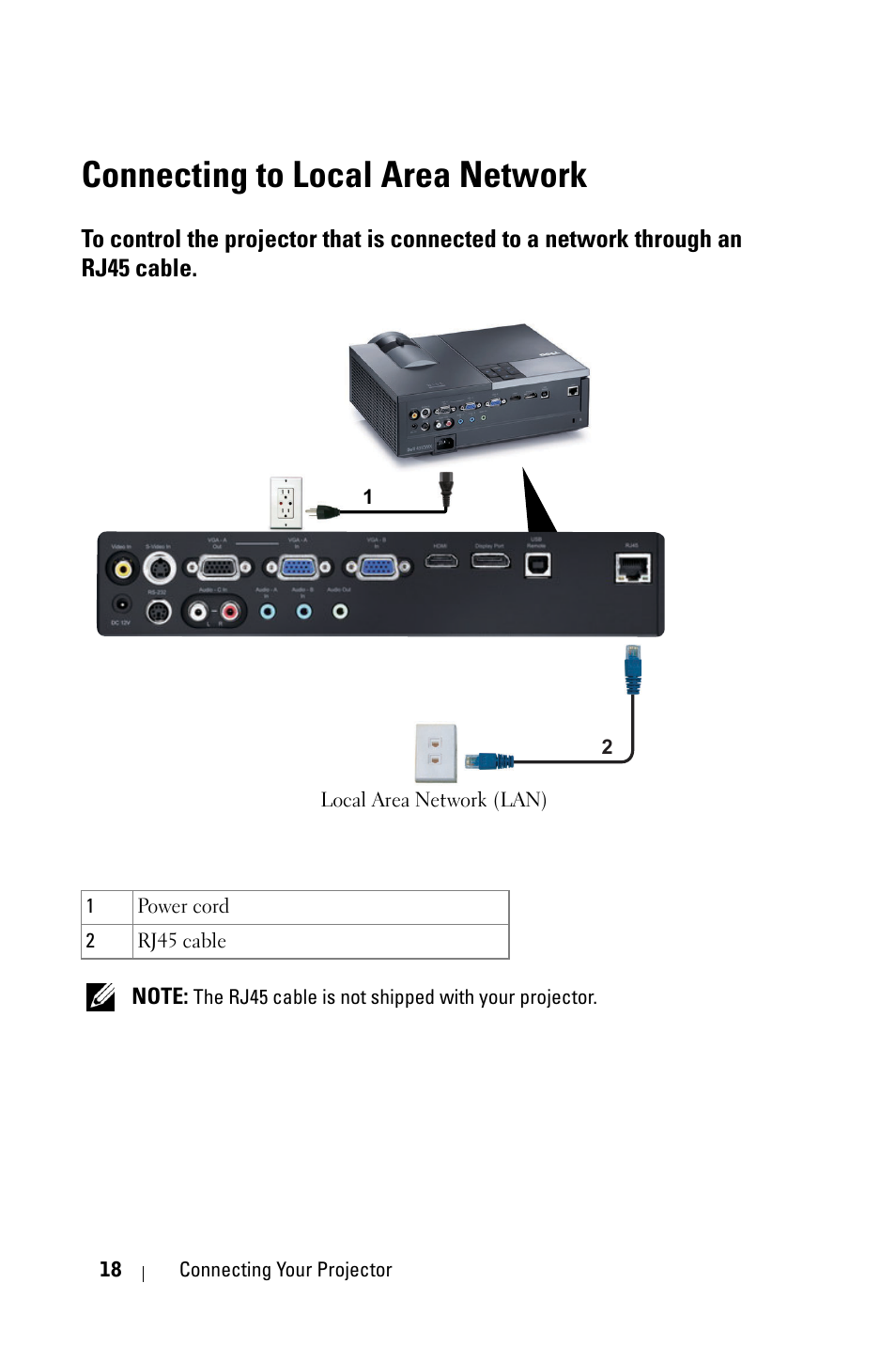 Connecting to local area network, To control the projector that is connected to a, Network through an rj45 cable | Dell 4310WX Projector User Manual | Page 18 / 82