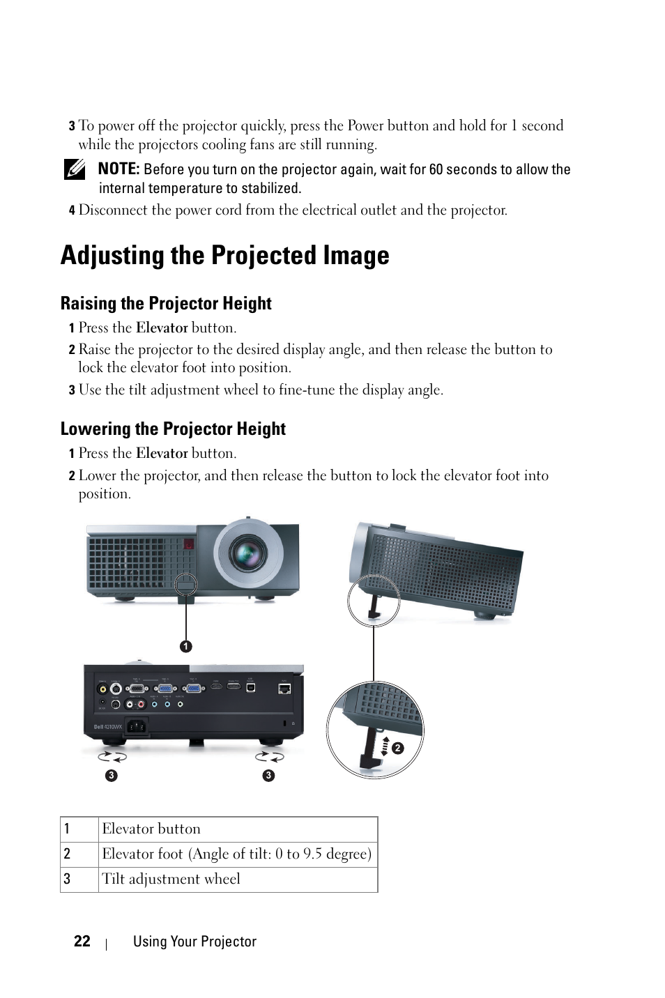 Adjusting the projected image, Raising the projector height, Lowering the projector height | Dell 4310WX Projector User Manual | Page 22 / 82