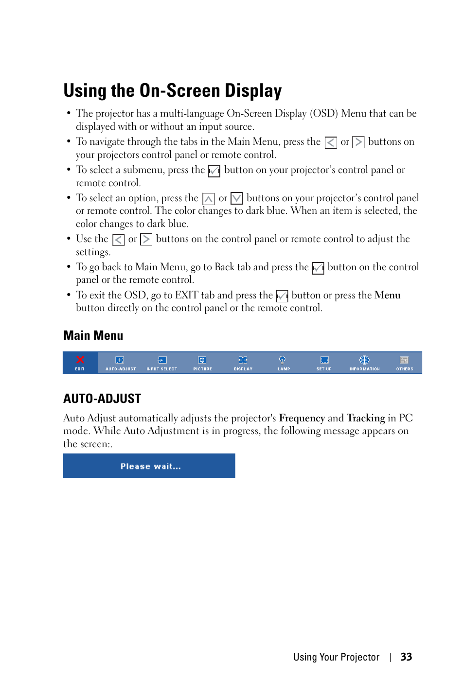 Using the on-screen display, Main menu, Auto-adjust | Main menu auto-adjust | Dell 4310WX Projector User Manual | Page 33 / 82