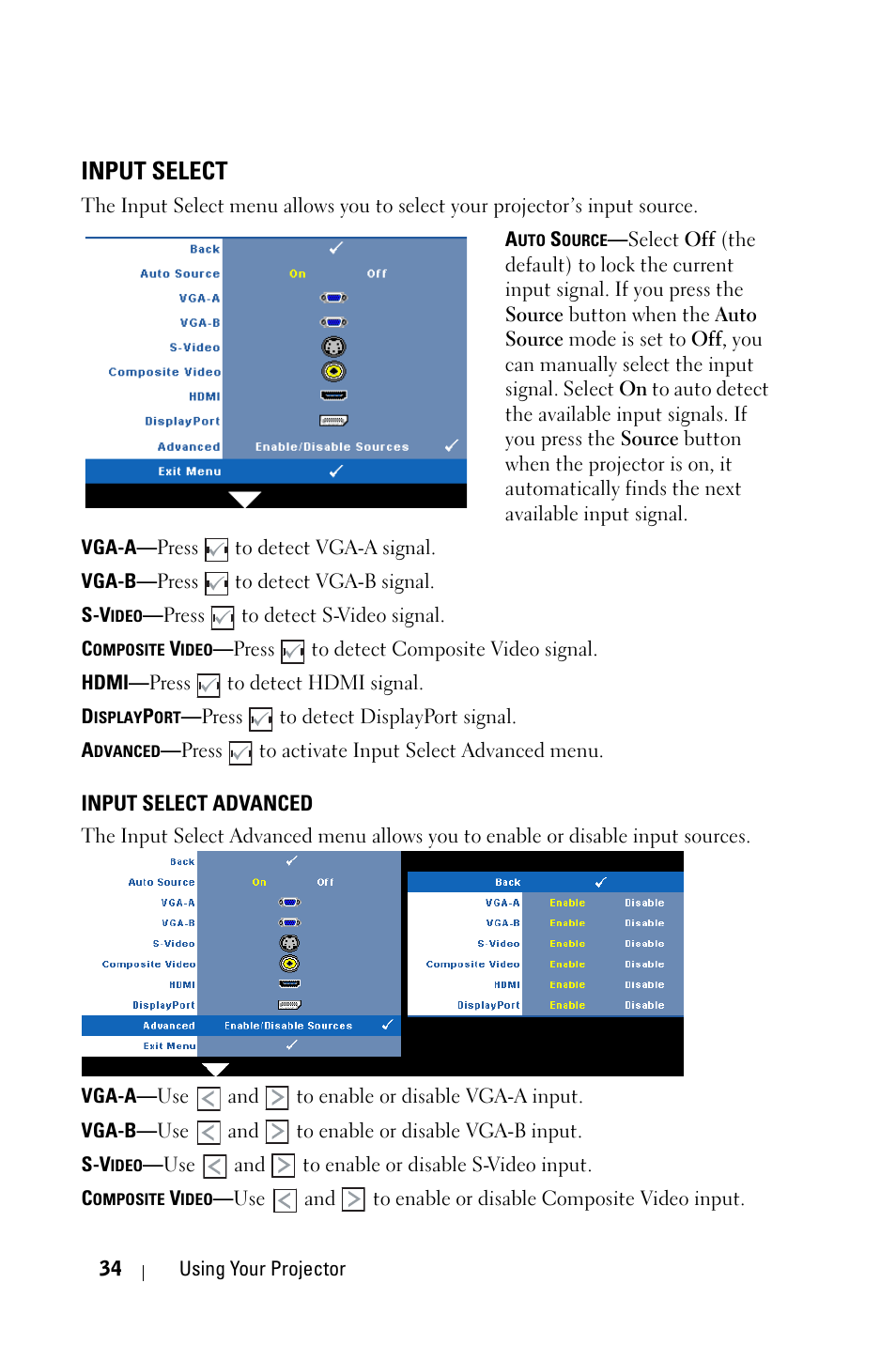 Input select, Input select advanced | Dell 4310WX Projector User Manual | Page 34 / 82