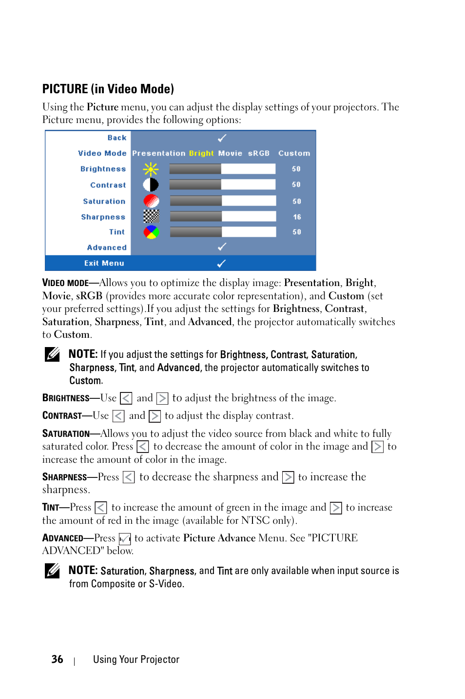 Picture (in video mode) | Dell 4310WX Projector User Manual | Page 36 / 82