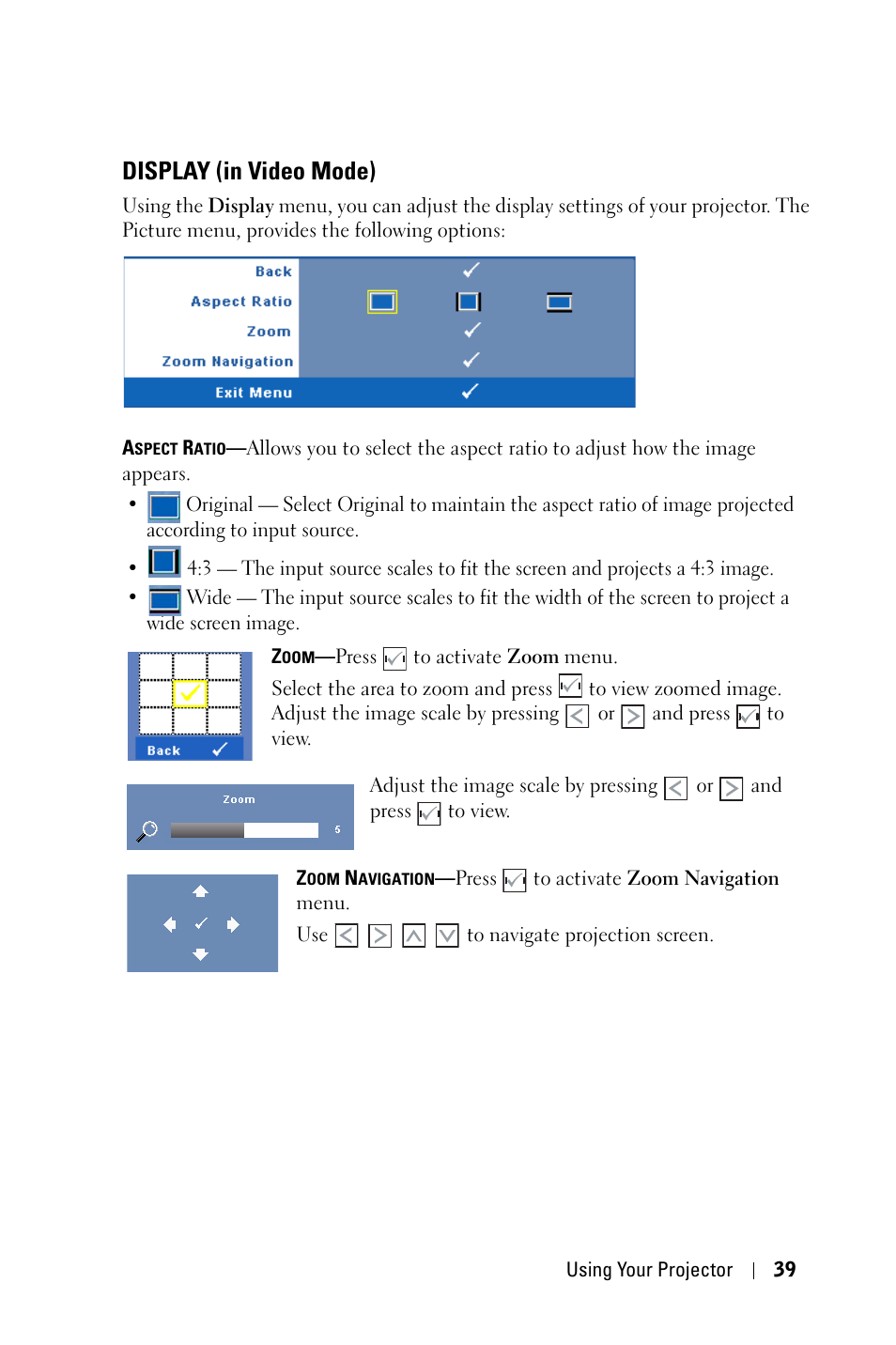 Display (in video mode) | Dell 4310WX Projector User Manual | Page 39 / 82