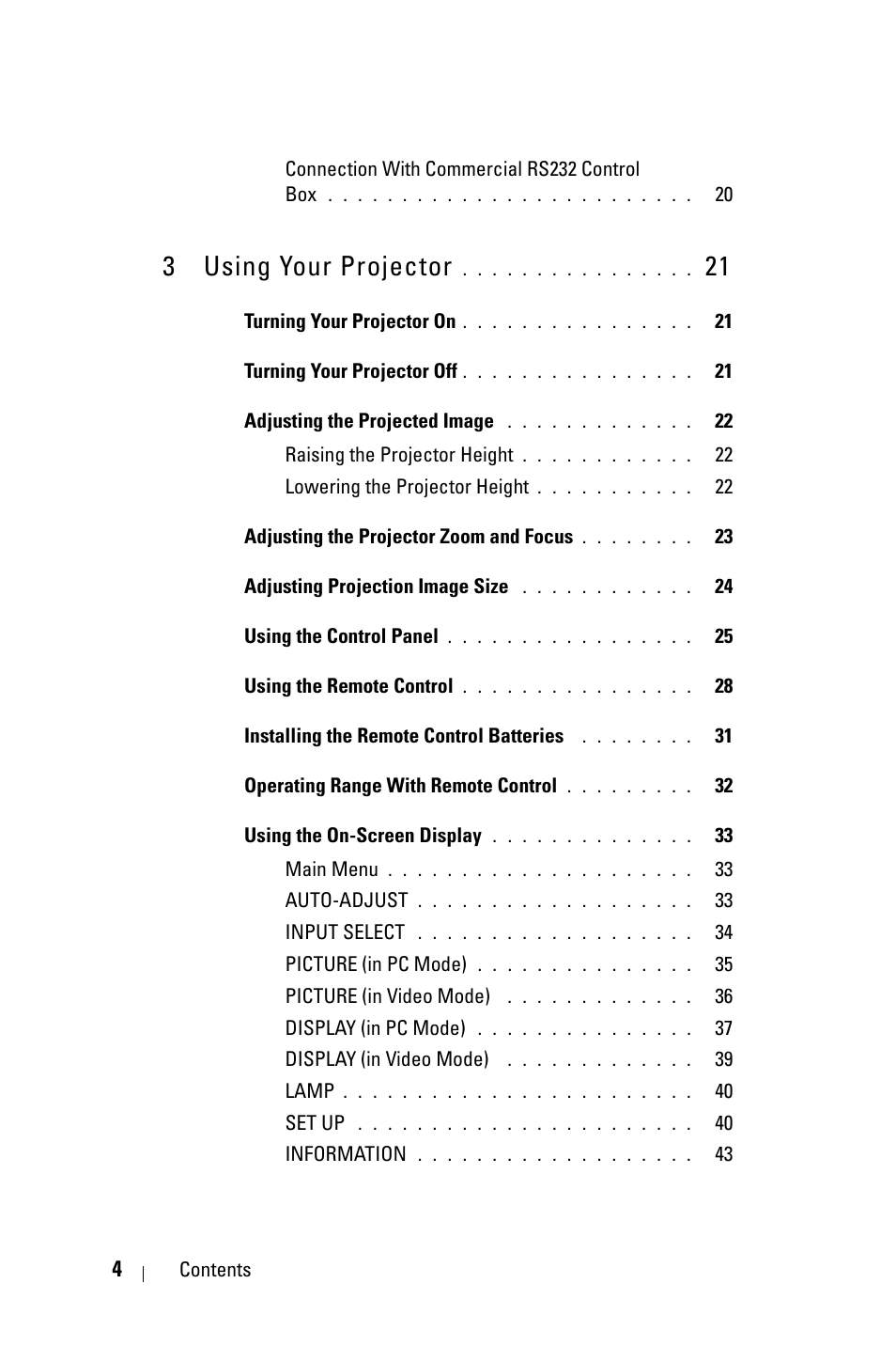 3 using your projector 21, 3 using your projector | Dell 4310WX Projector User Manual | Page 4 / 82