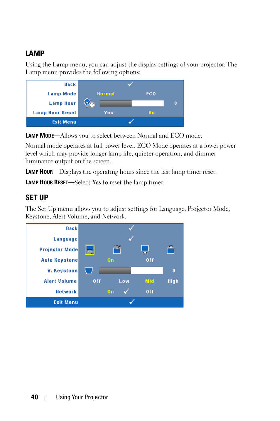 Lamp, Set up | Dell 4310WX Projector User Manual | Page 40 / 82