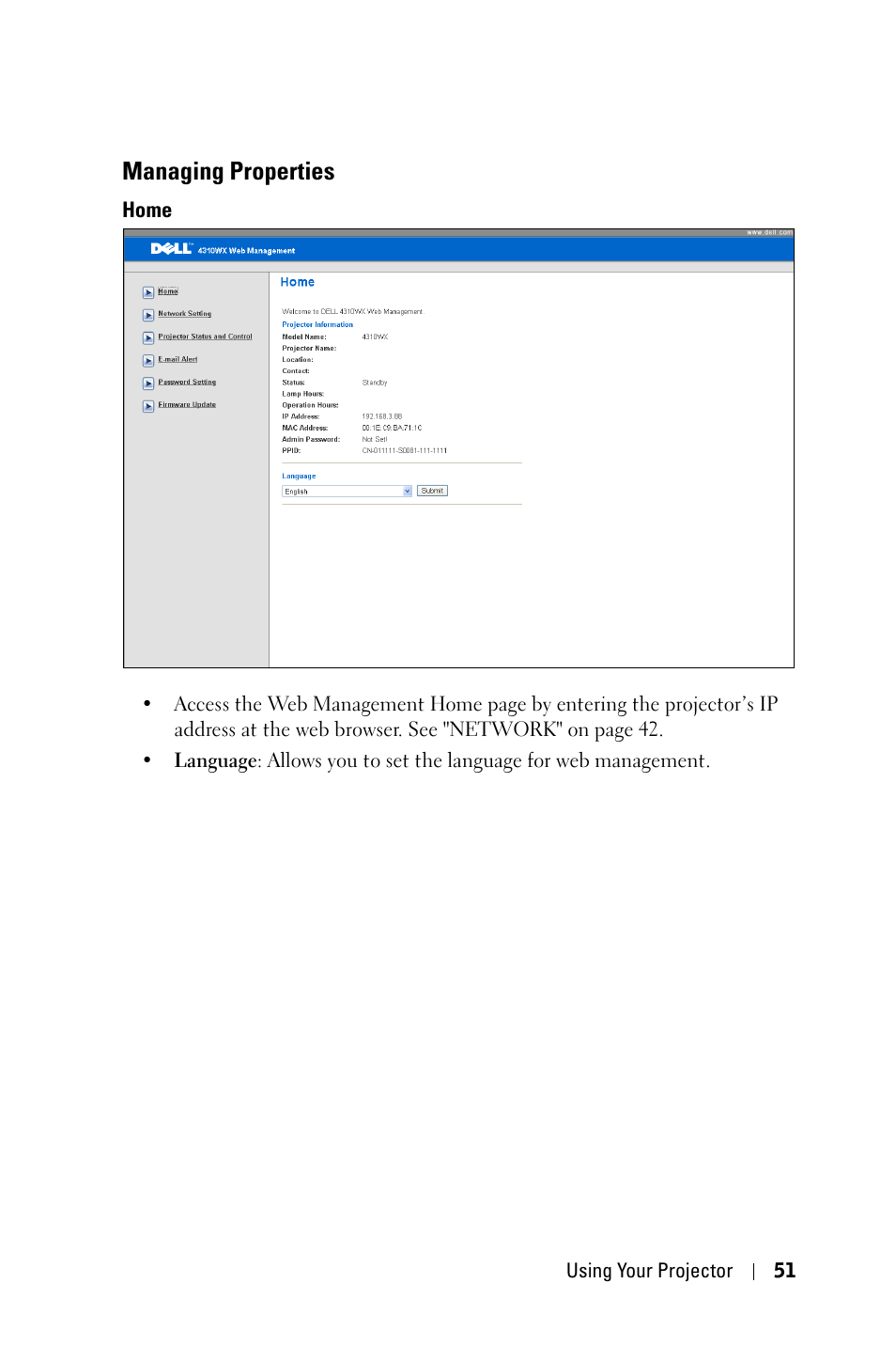 Managing properties, Home | Dell 4310WX Projector User Manual | Page 51 / 82