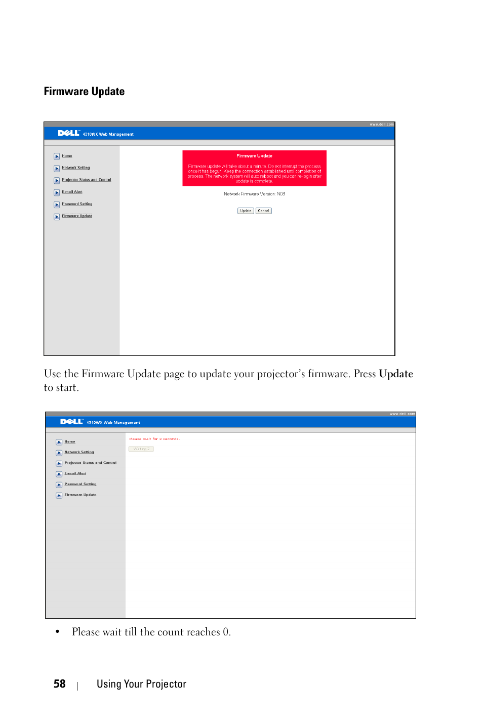 Firmware update | Dell 4310WX Projector User Manual | Page 58 / 82