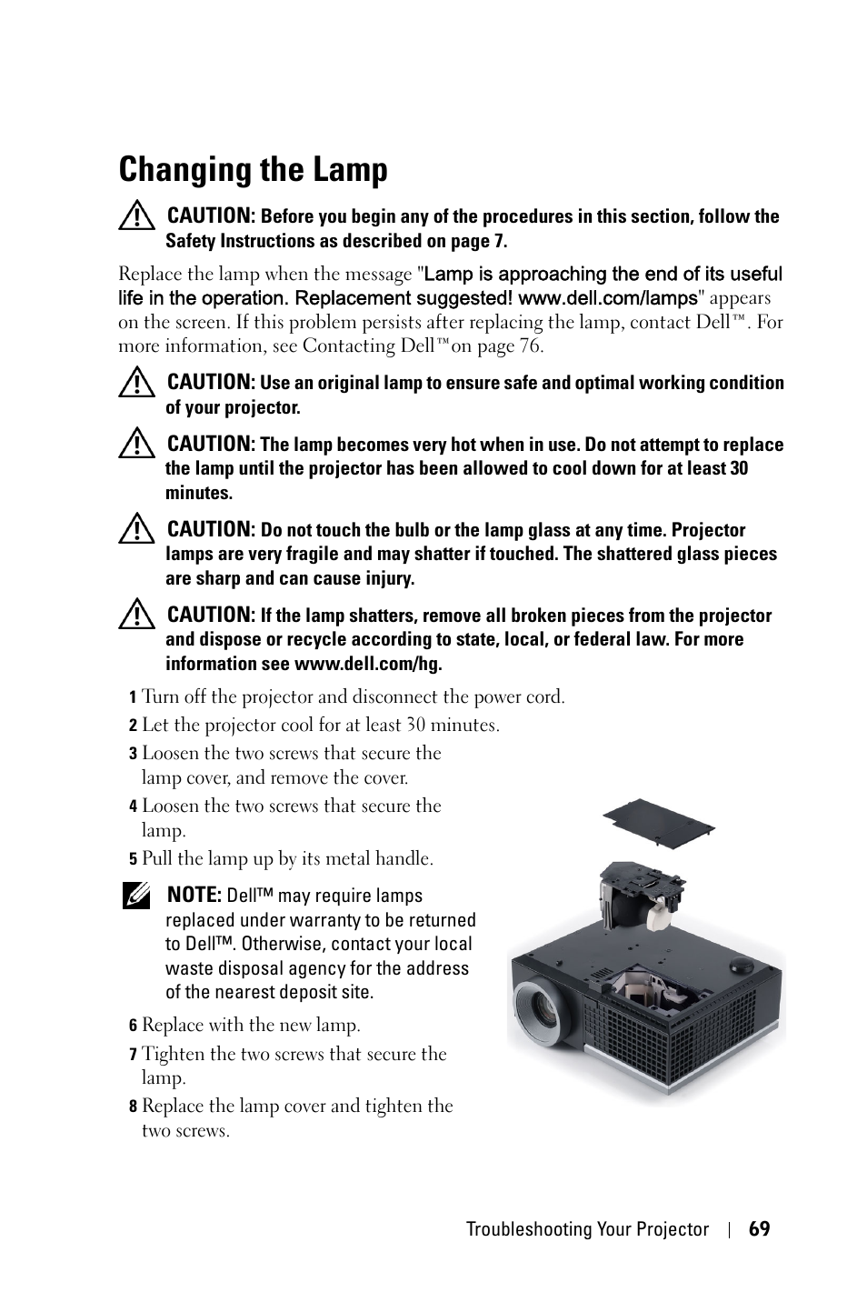 Changing the lamp | Dell 4310WX Projector User Manual | Page 69 / 82