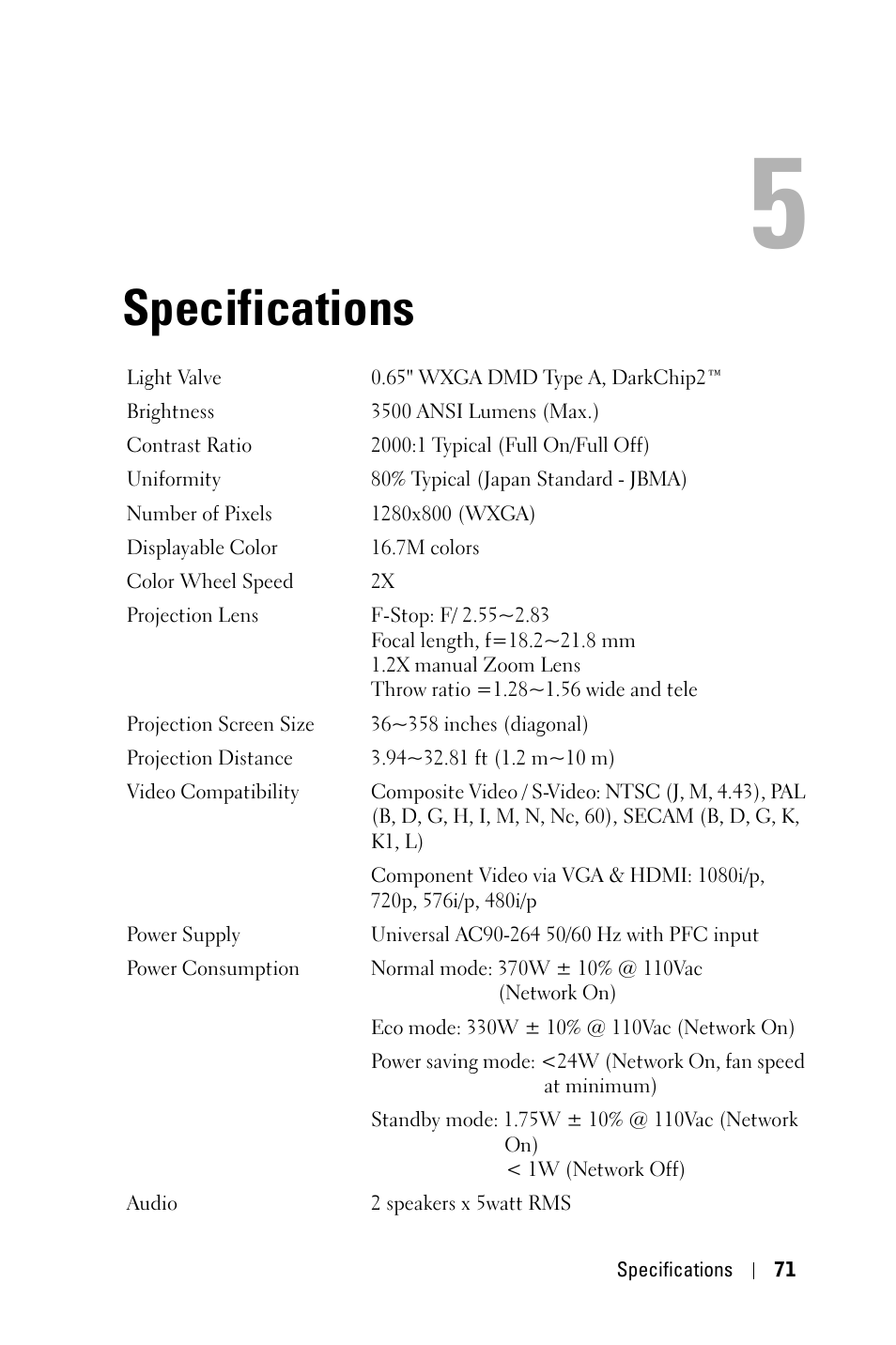 Specifications | Dell 4310WX Projector User Manual | Page 71 / 82