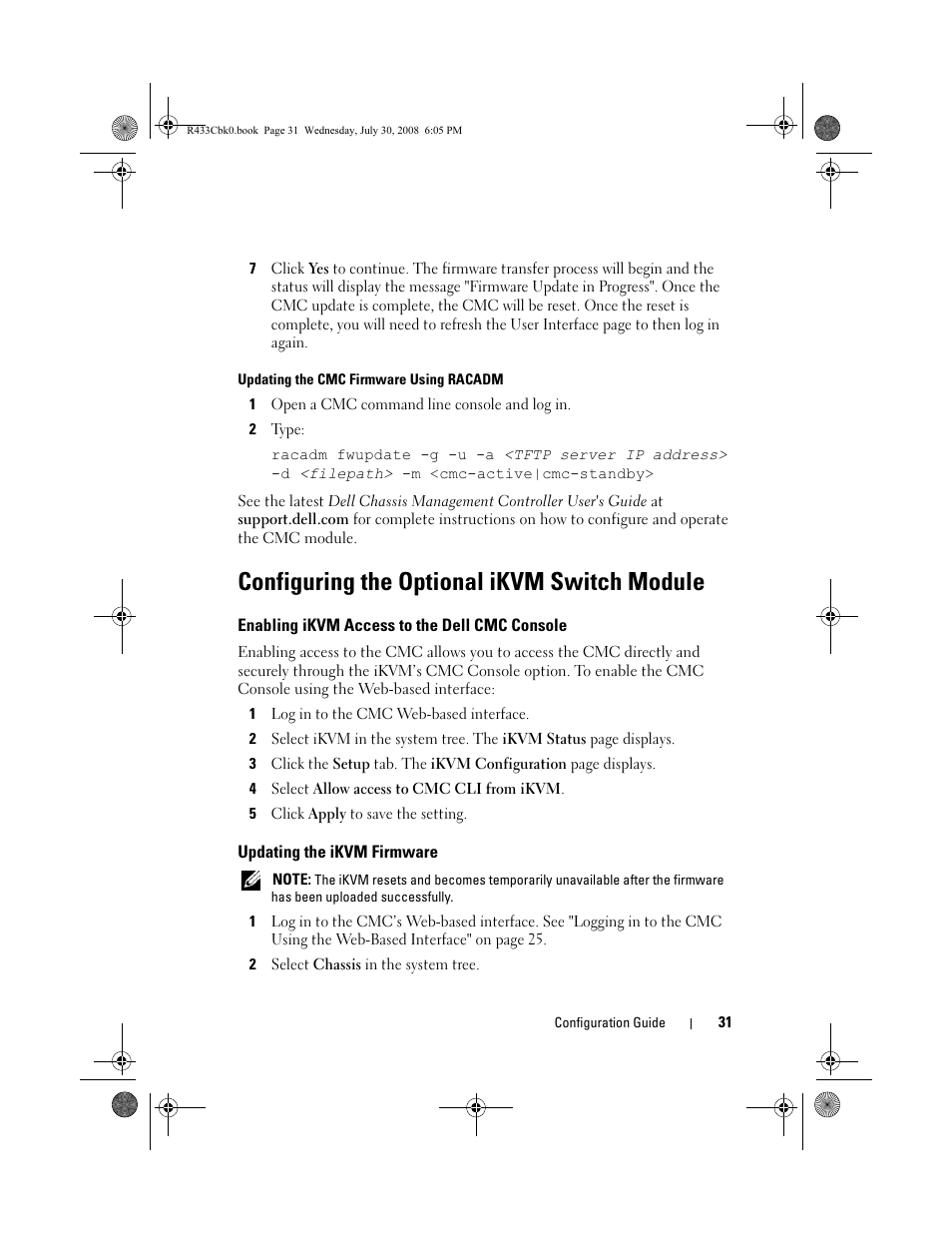 Configuring the optional ikvm switch module, Enabling ikvm access to the dell cmc console, Updating the ikvm firmware | Dell POWEREDGE M905 User Manual | Page 33 / 210