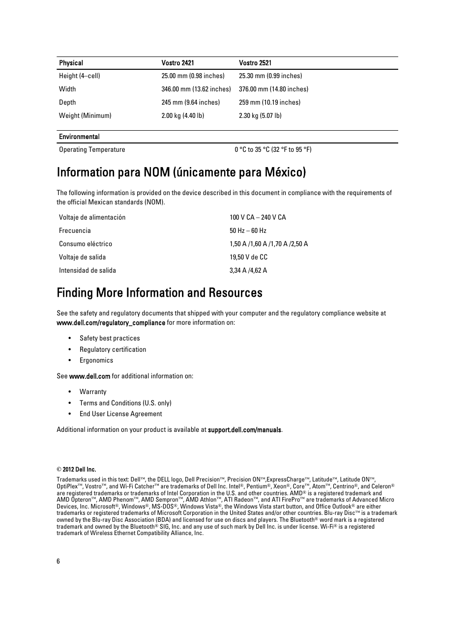 Information para nom (únicamente para méxico), Finding more information and resources | Dell Vostro 2521 (Early 2013) User Manual | Page 6 / 6