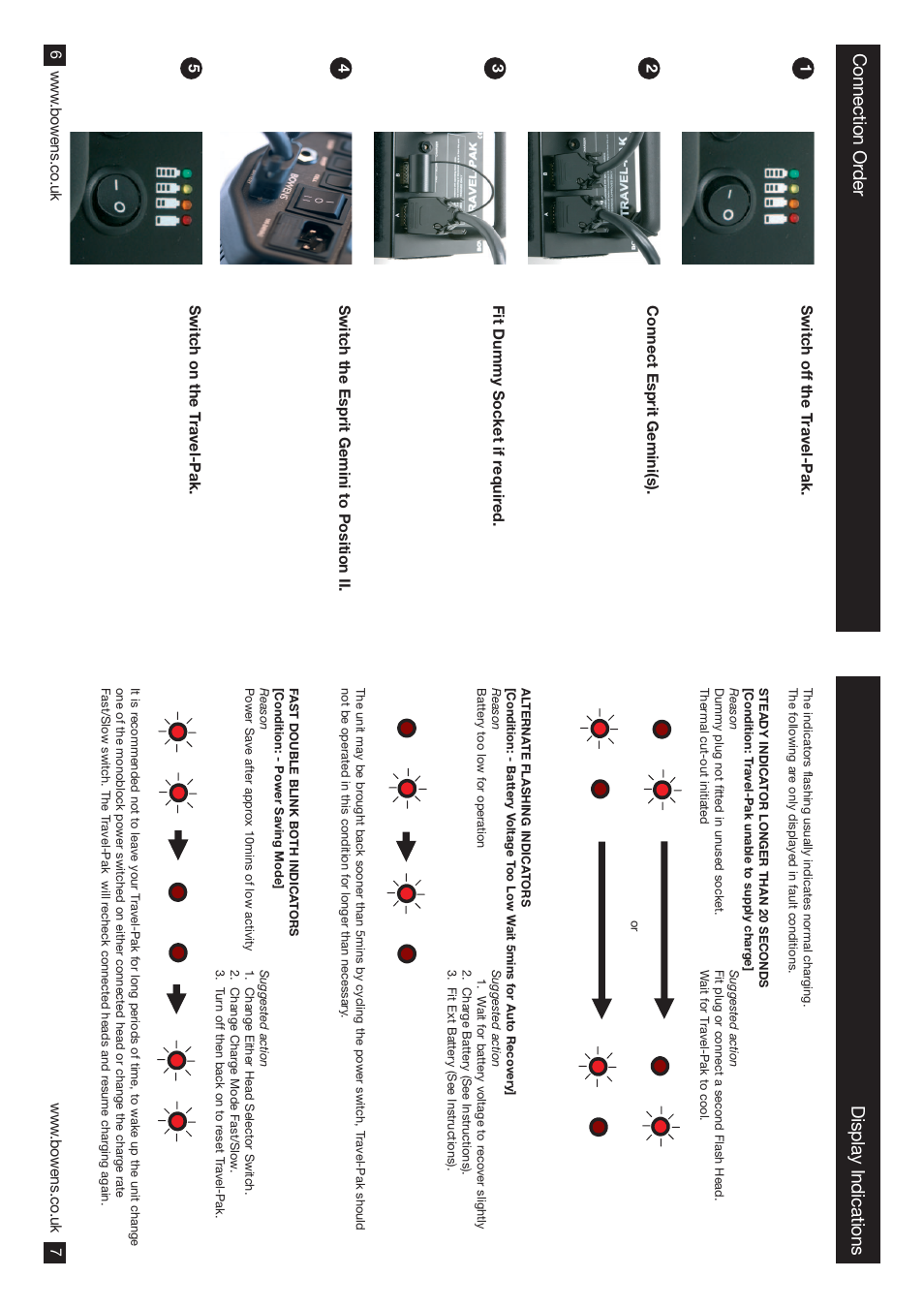 Display indications, Connection or der | Bowens TRAVEL-PAK&TRAVEL-PAK+ BW7631 User Manual | Page 6 / 6