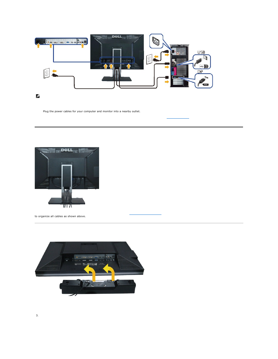 Organizing your cables, Attaching the soundbar (optional) | Dell U3011 Monitor User Manual | Page 33 / 38