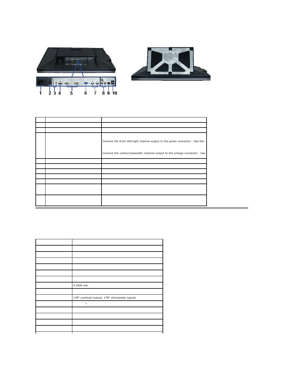 Monitor specifications, Bottom view, Flat panel specifications | Dell U3011 Monitor User Manual | Page 5 / 38