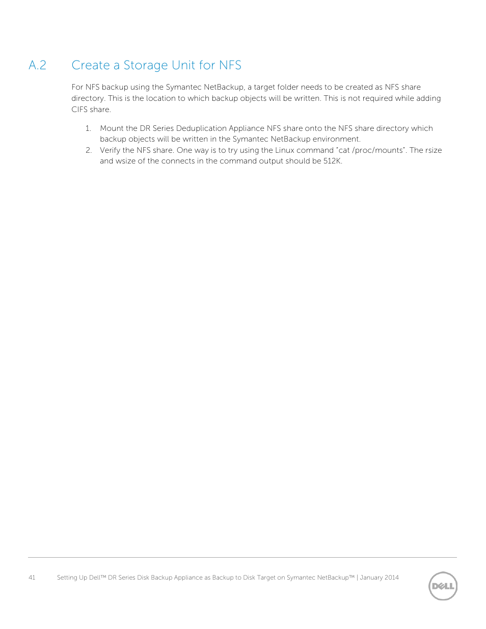 A.2 create a storage unit for nfs, Create a storage unit for nfs | Dell PowerVault DR2000v User Manual | Page 41 / 41