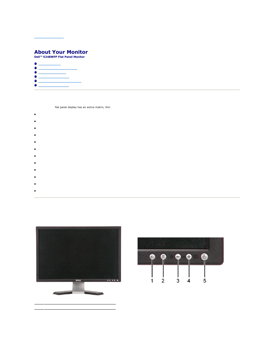About your monitor, Product features, Identifying parts and features front view | Dell E248WFP Monitor User Manual | Page 2 / 30