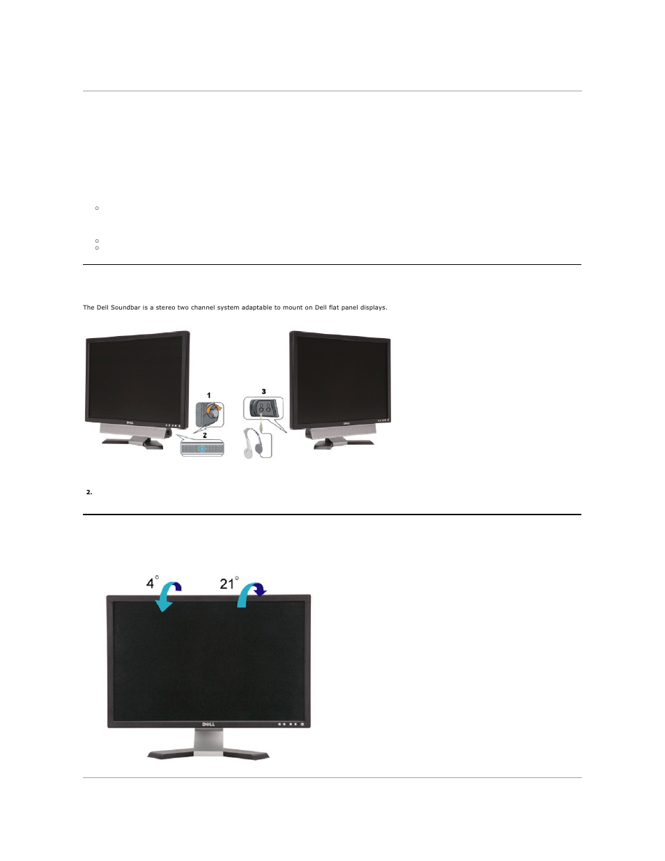 Setting the optimal resolution, Using the dell soundbar (optional), Using the tilt | Dell E248WFP Monitor User Manual | Page 21 / 30