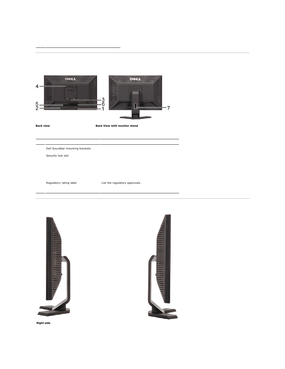 Back view, Side view | Dell E248WFP Monitor User Manual | Page 3 / 30