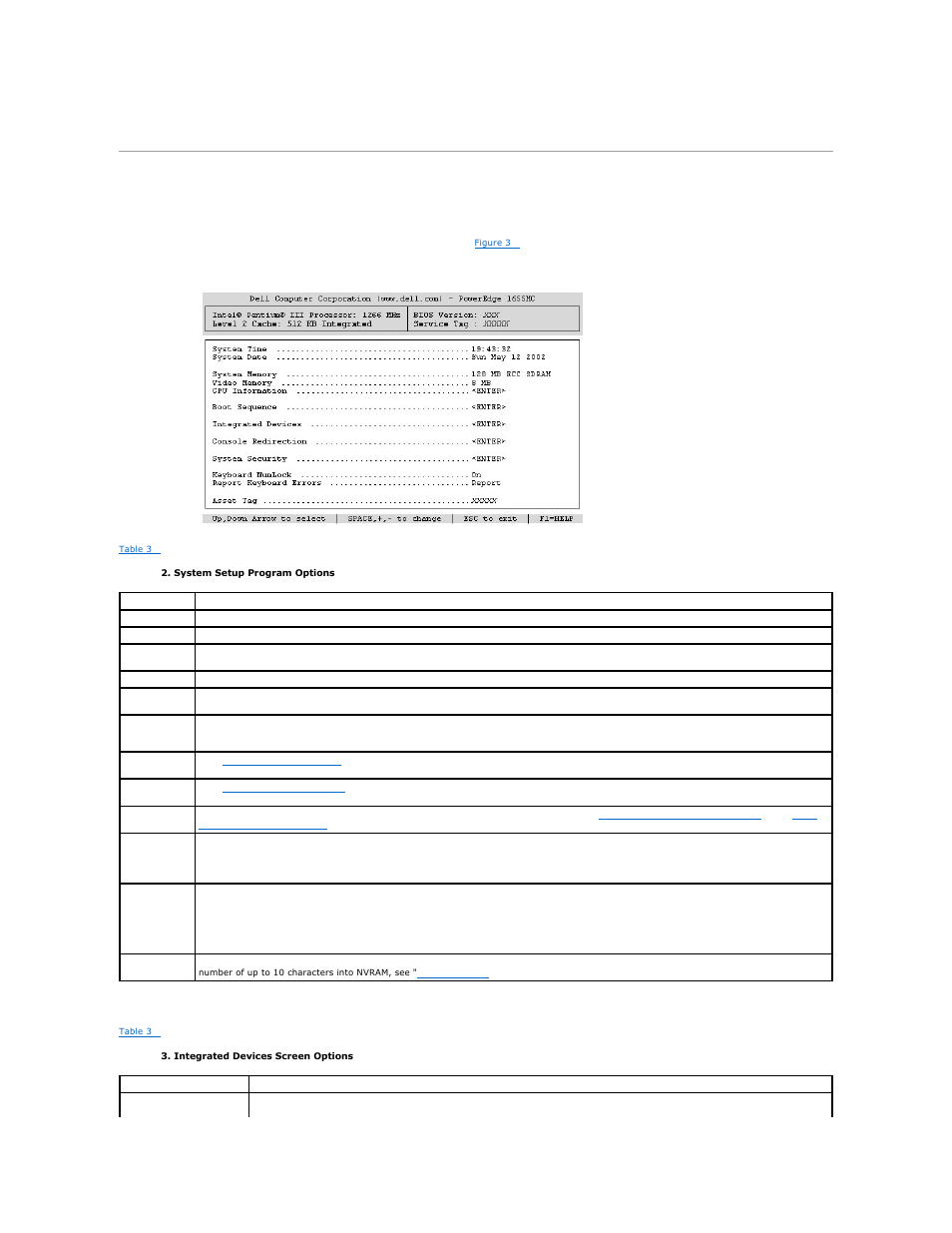 System setup options, Main screen, Integrated devices screen | Dell PowerEdge 1655MC User Manual | Page 13 / 28