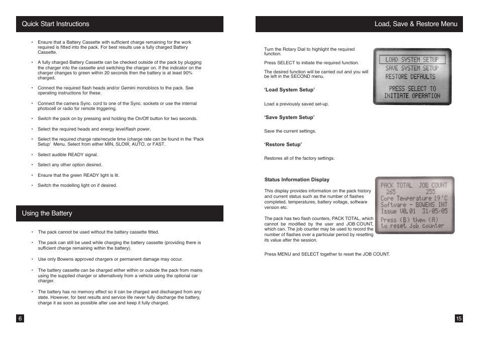 Quick start instructions, Using the battery load, save & restore menu | Bowens EXPLORER 1500 BW7640 User Manual | Page 6 / 10