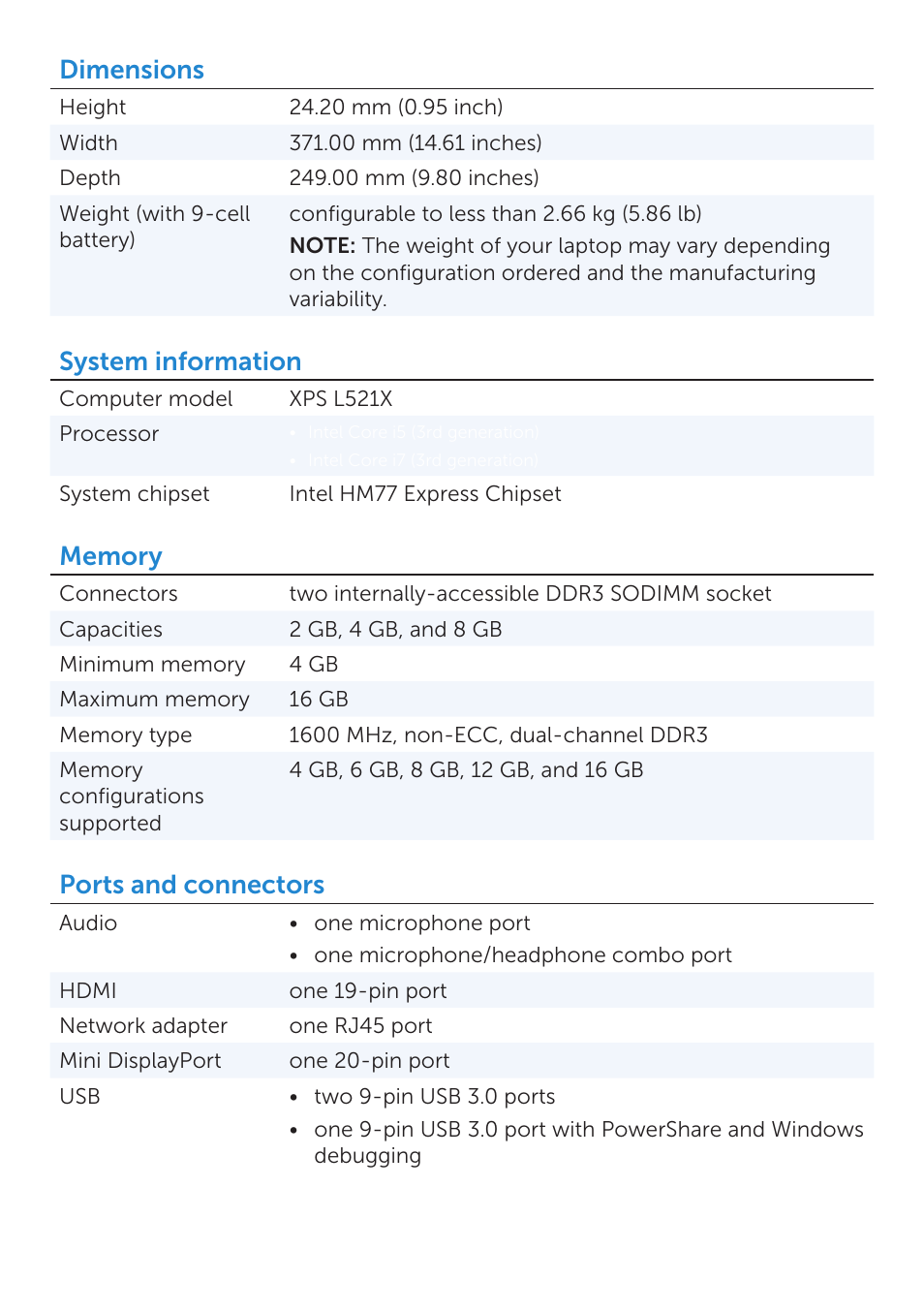Dimensions, System information, Ports and connectors | Dell XPS 15 (L521X, Mid 2012) User Manual | Page 2 / 6