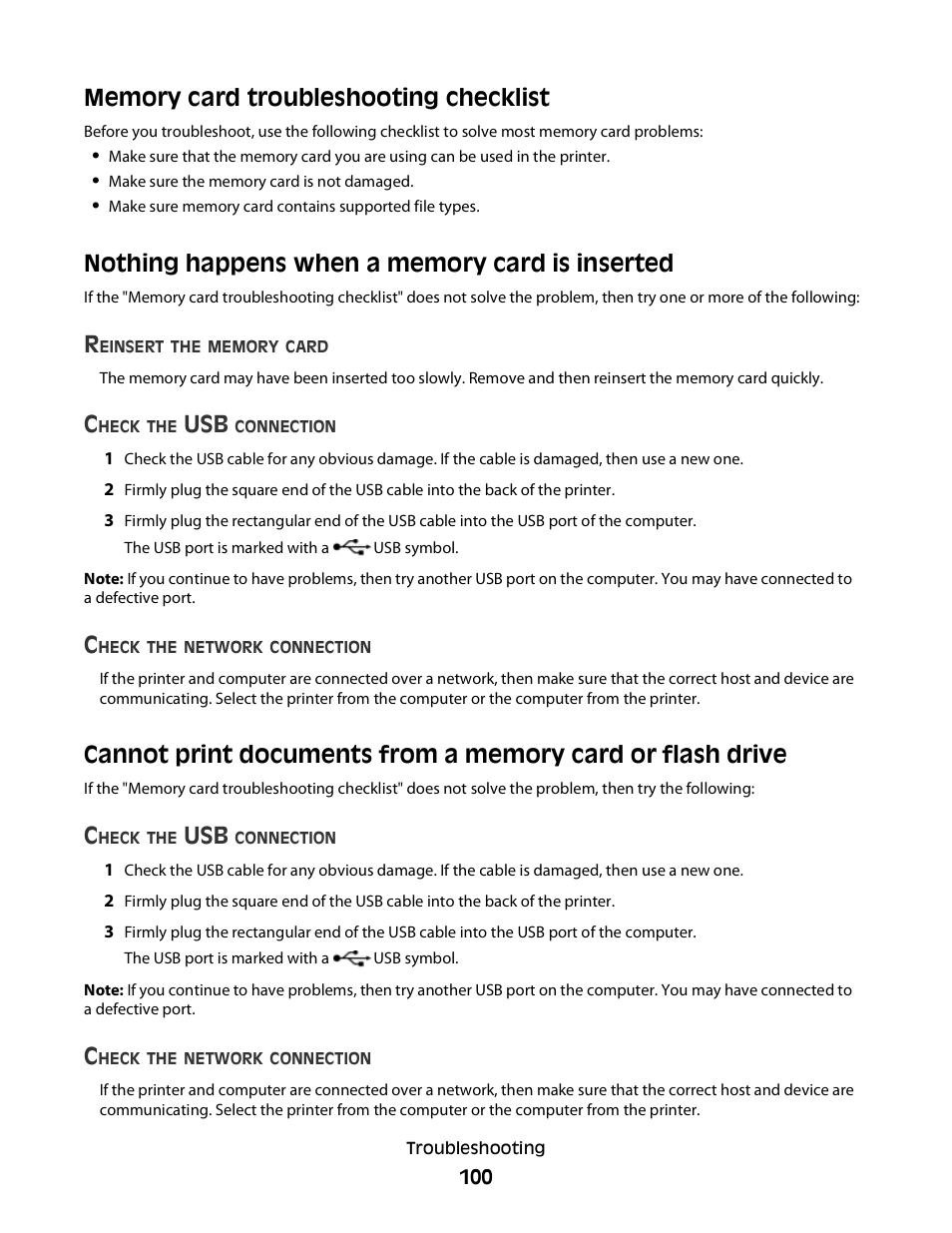 Memory card troubleshooting checklist, Nothing happens when a memory card is inserted | Dell P513w All In One Photo Printer User Manual | Page 100 / 134