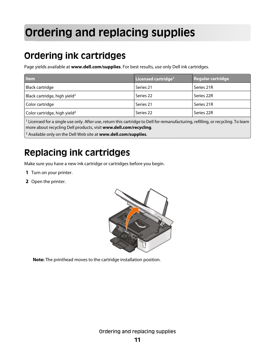 Ordering and replacing supplies, Ordering ink cartridges, Replacing ink cartridges | Dell P513w All In One Photo Printer User Manual | Page 11 / 134