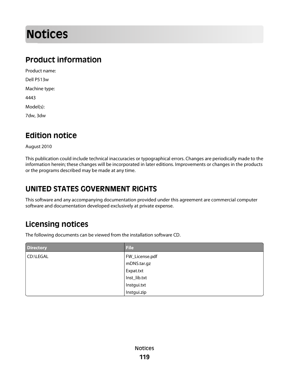 Notices, Product information, Edition notice | United states government rights, Licensing notices | Dell P513w All In One Photo Printer User Manual | Page 119 / 134