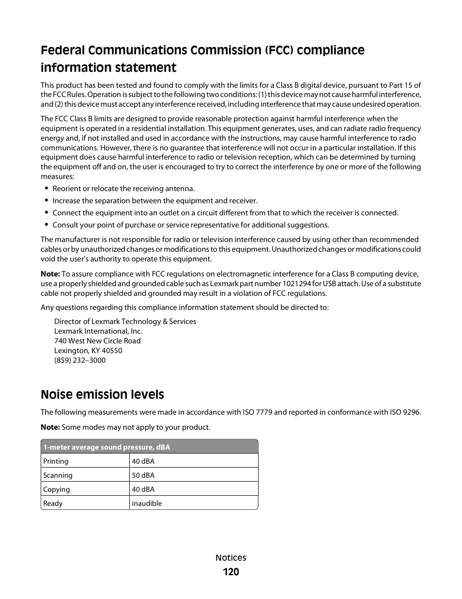 Noise emission levels | Dell P513w All In One Photo Printer User Manual | Page 120 / 134