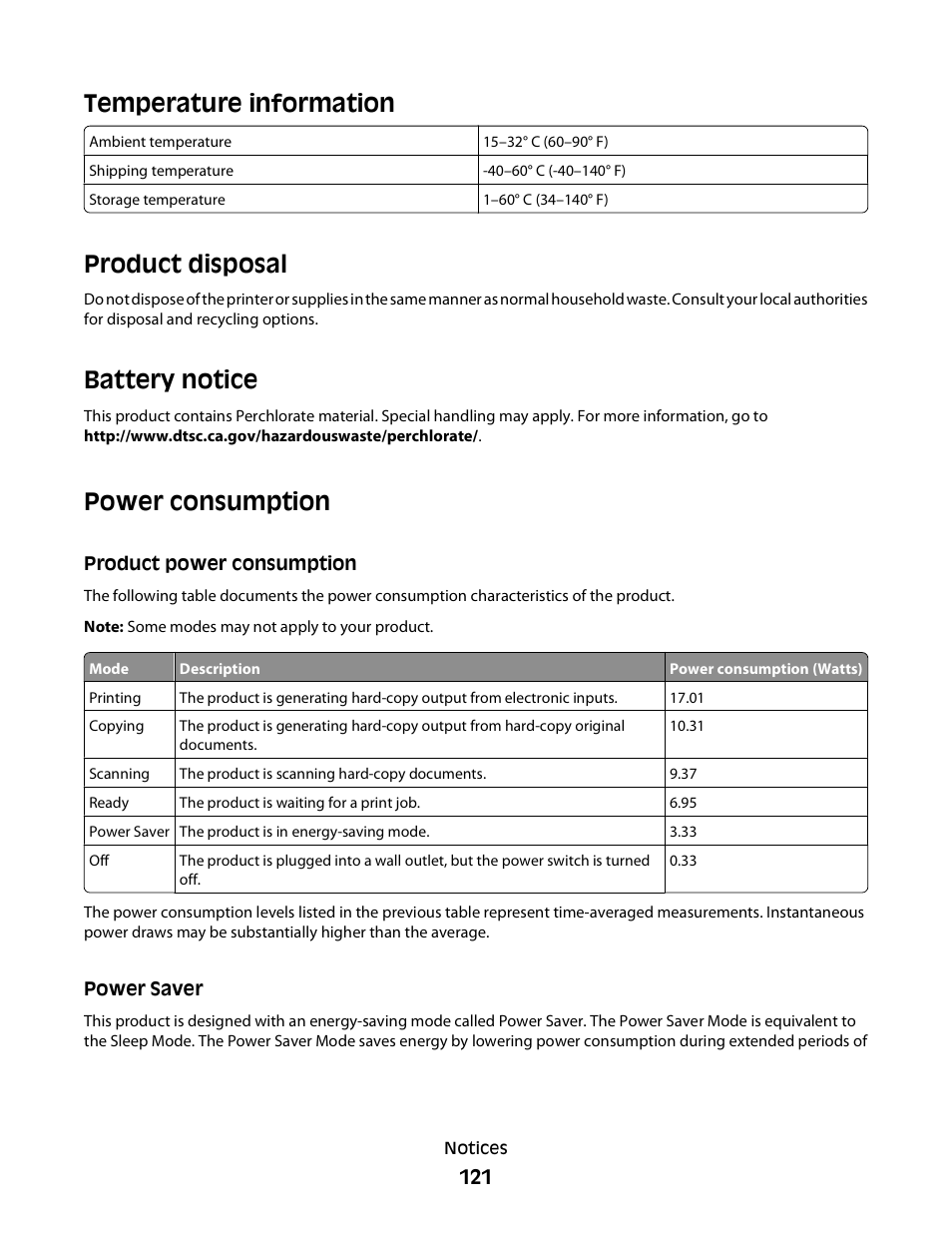 Temperature information, Product disposal, Battery notice | Power consumption, Product power consumption, Power saver | Dell P513w All In One Photo Printer User Manual | Page 121 / 134