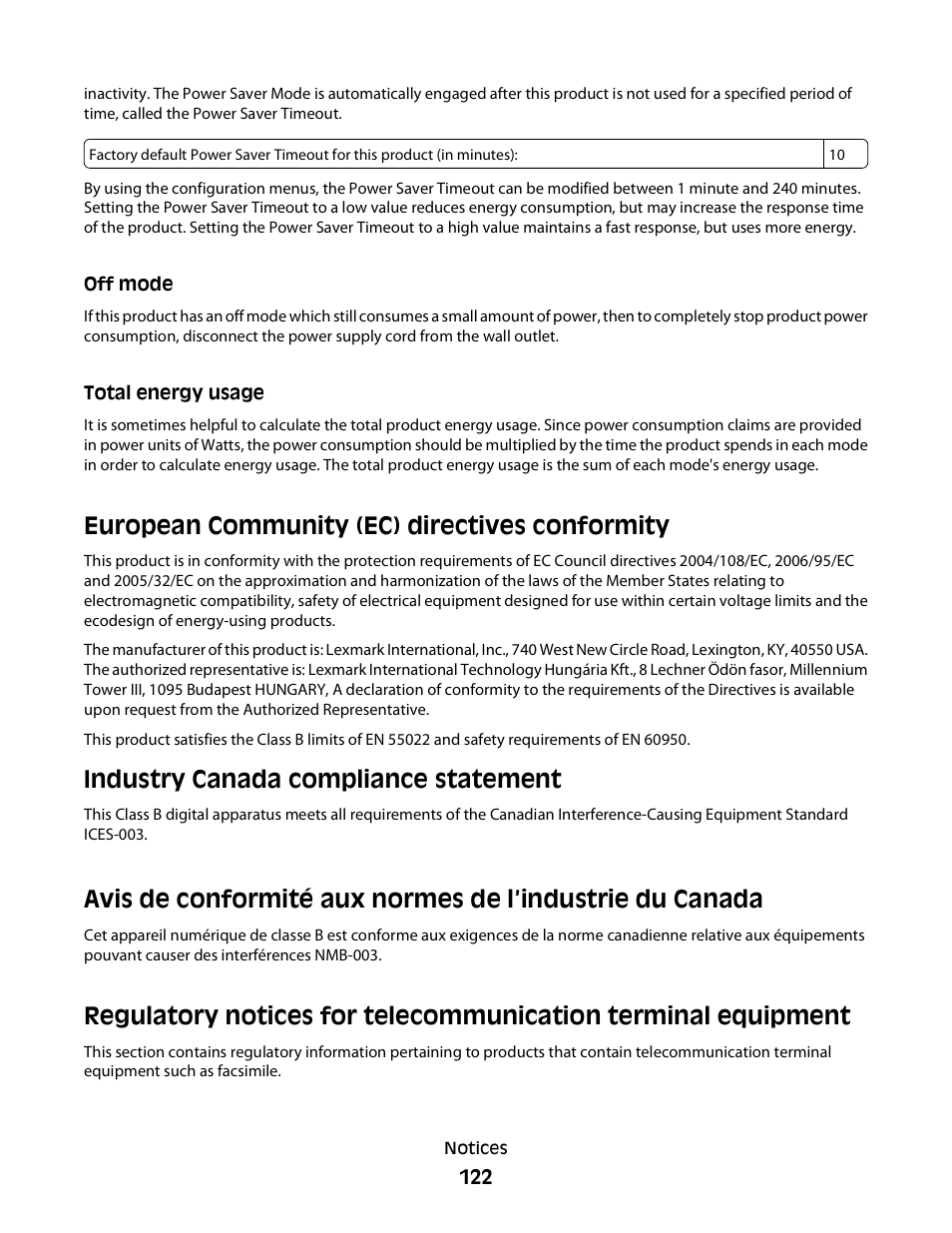 Off mode, Total energy usage, European community (ec) directives conformity | Industry canada compliance statement | Dell P513w All In One Photo Printer User Manual | Page 122 / 134