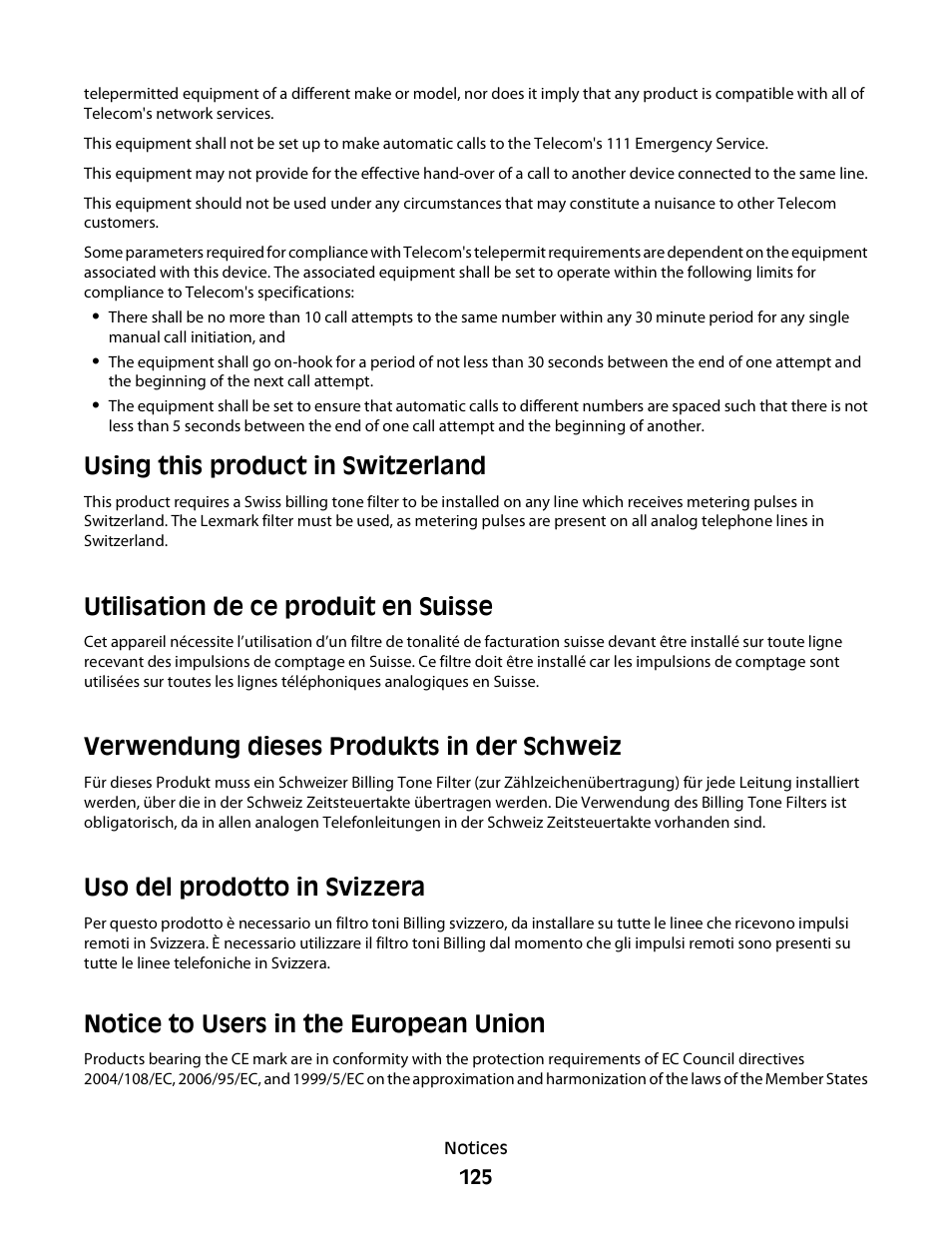 Notice to users in the european union, Using this product in switzerland, Utilisation de ce produit en suisse | Verwendung dieses produkts in der schweiz, Uso del prodotto in svizzera | Dell P513w All In One Photo Printer User Manual | Page 125 / 134