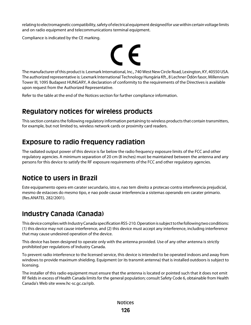 Regulatory notices for wireless products, Exposure to radio frequency radiation, Notice to users in brazil | Industry canada (canada) | Dell P513w All In One Photo Printer User Manual | Page 126 / 134