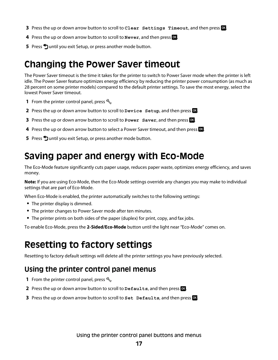 Changing the power saver timeout, Saving paper and energy with eco-mode, Resetting to factory settings | Using the printer control panel menus | Dell P513w All In One Photo Printer User Manual | Page 17 / 134