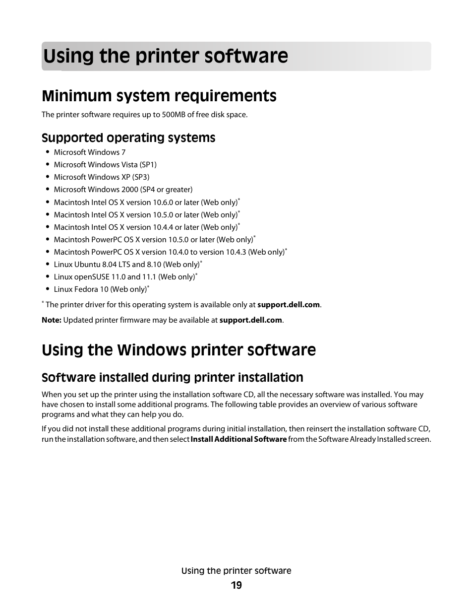 Using the printer software, Minimum system requirements, Using the windows printer software | Supported operating systems, Software installed during printer installation | Dell P513w All In One Photo Printer User Manual | Page 19 / 134