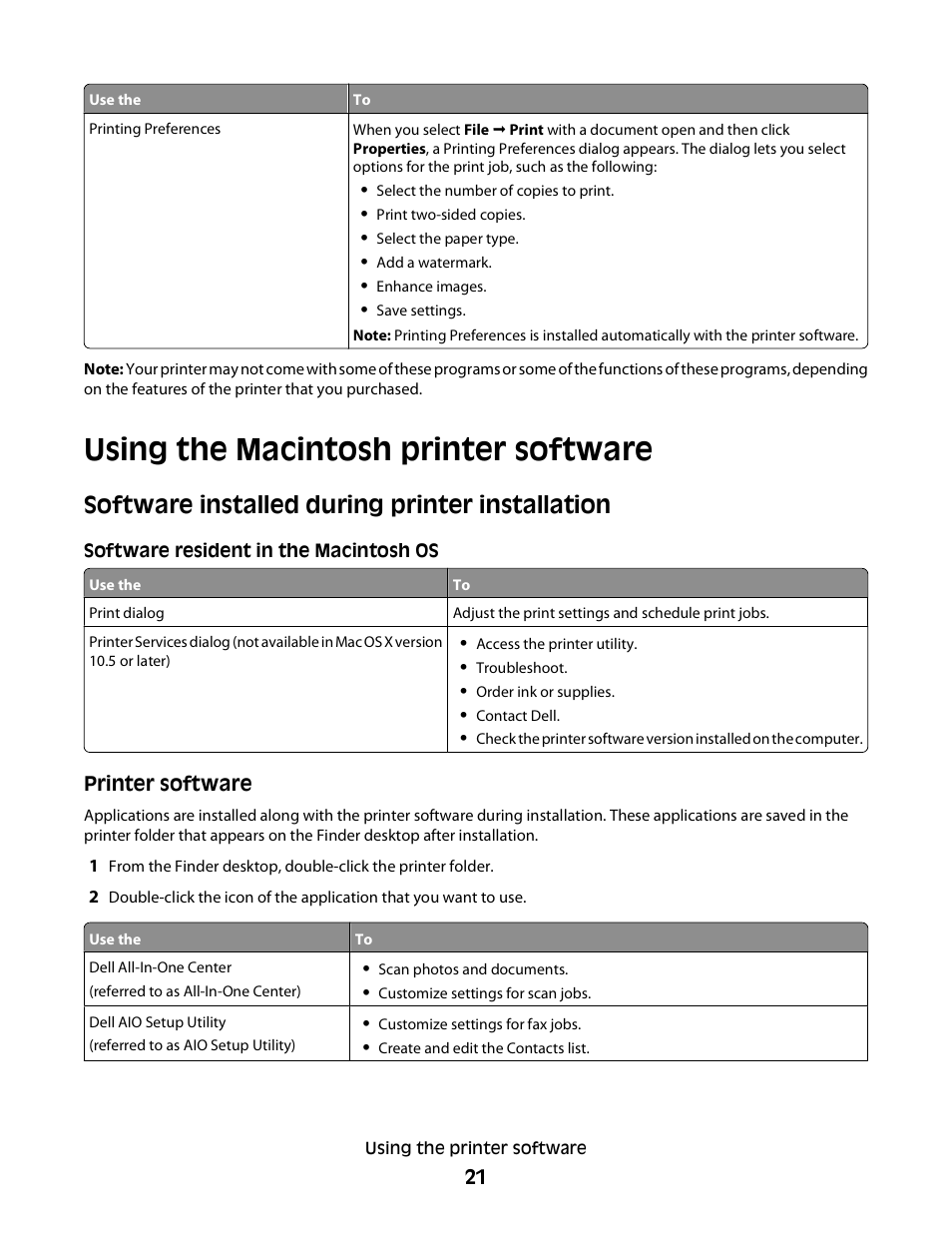 Using the macintosh printer software, Software installed during printer installation | Dell P513w All In One Photo Printer User Manual | Page 21 / 134
