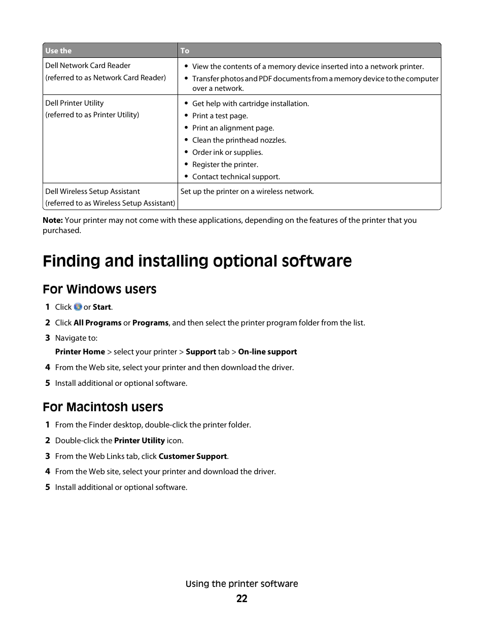 Finding and installing optional software, For windows users, For macintosh users | Dell P513w All In One Photo Printer User Manual | Page 22 / 134