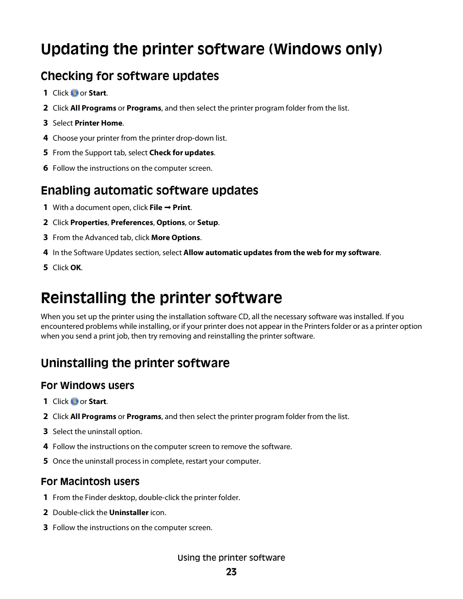 Updating the printer software (windows only), Reinstalling the printer software, Uninstalling the printer software | Checking for software updates, Enabling automatic software updates | Dell P513w All In One Photo Printer User Manual | Page 23 / 134