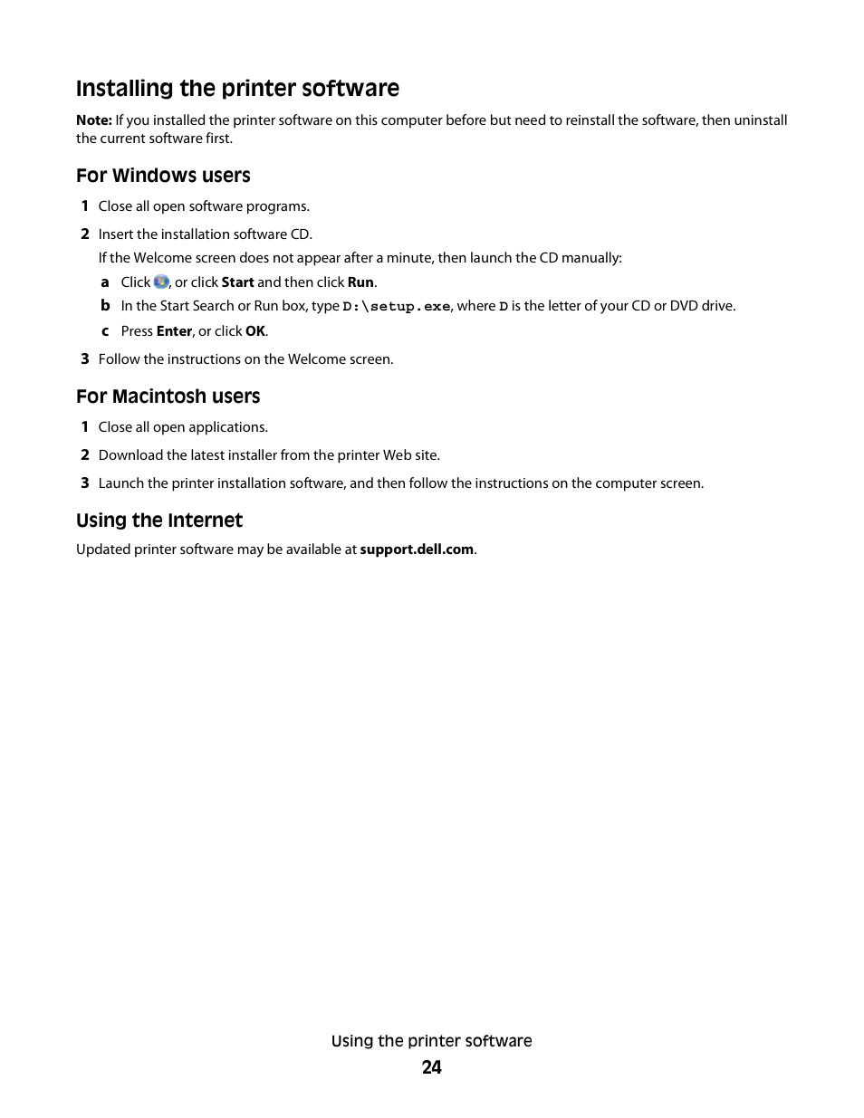 Installing the printer software | Dell P513w All In One Photo Printer User Manual | Page 24 / 134