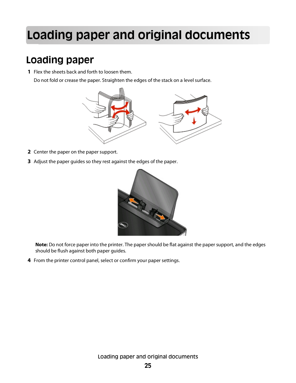 Loading paper and original documents, Loading paper | Dell P513w All In One Photo Printer User Manual | Page 25 / 134