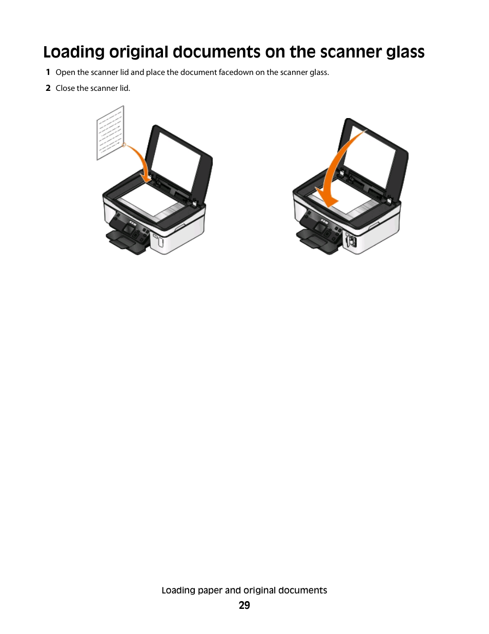 Loading original documents on the scanner glass | Dell P513w All In One Photo Printer User Manual | Page 29 / 134